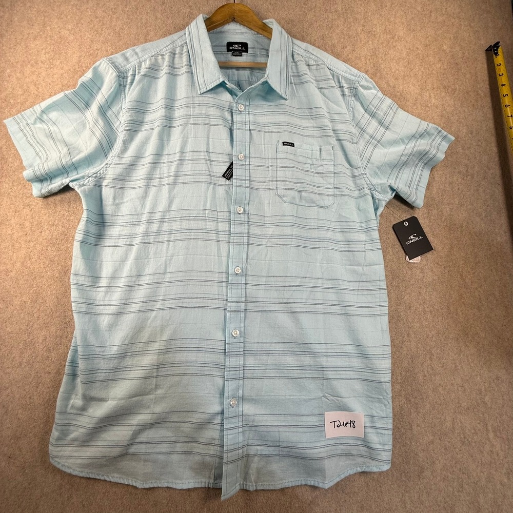 NWT ONeill Mens XXL Light Blue Striped Short Sleeve Button Down Shirt Standard